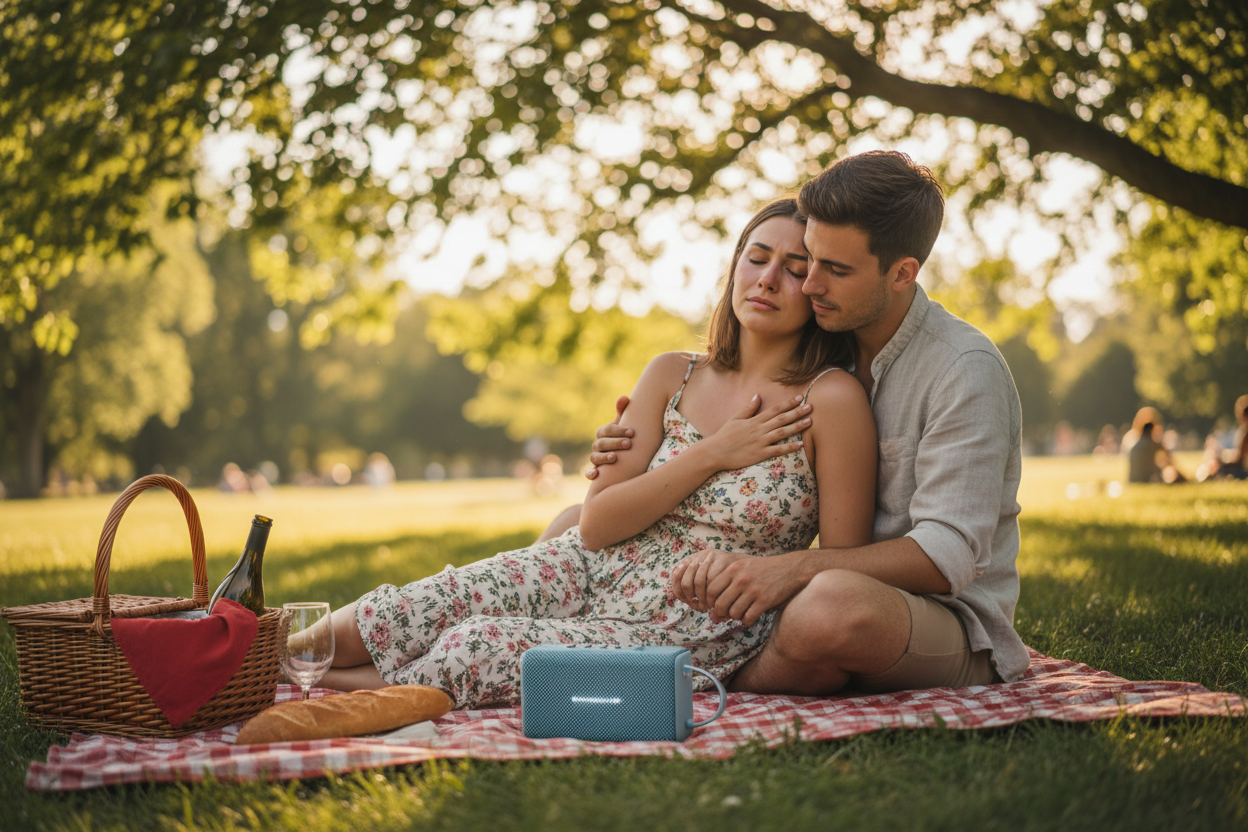 Couple at park picnic listening to a song through a speaker