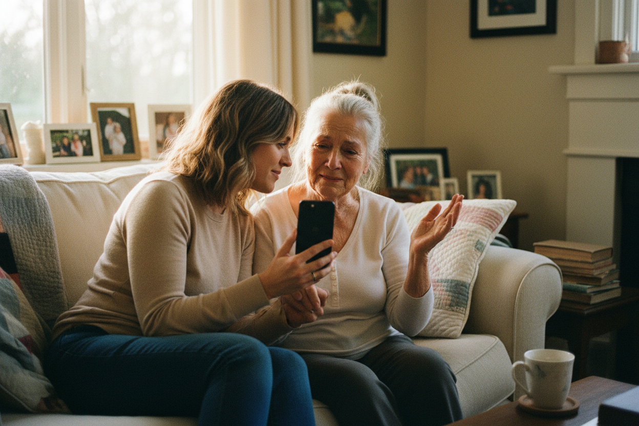 Daughter playing a song for her elderly mother