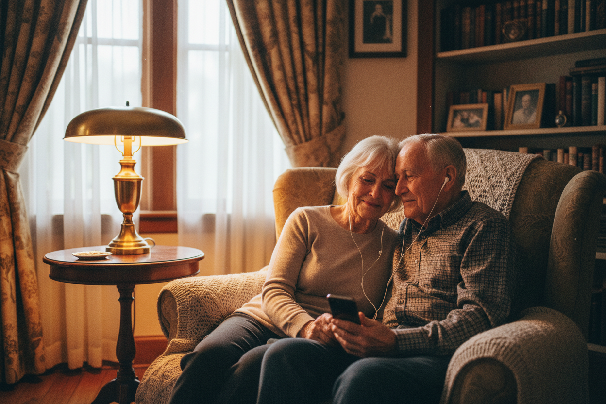 Elderly couple listening to their love song together