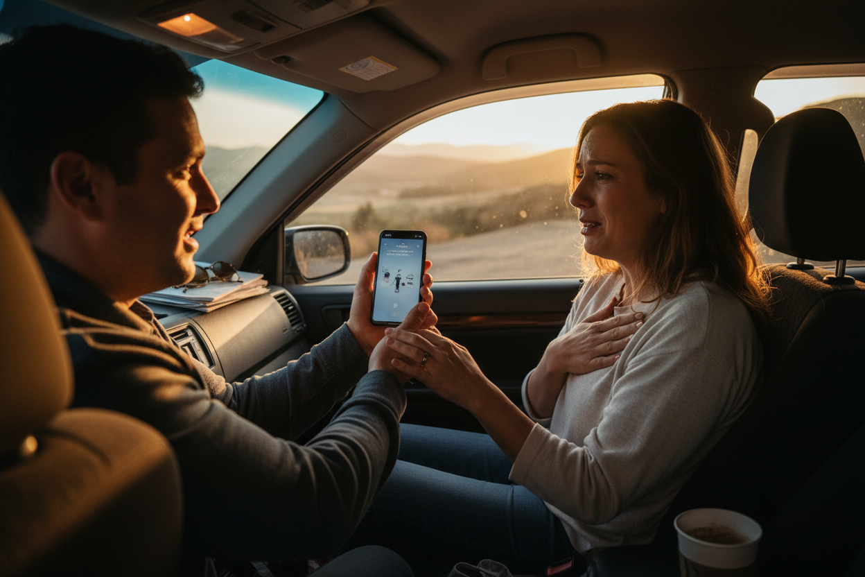 Husband surprising his wife with a custom song in the car