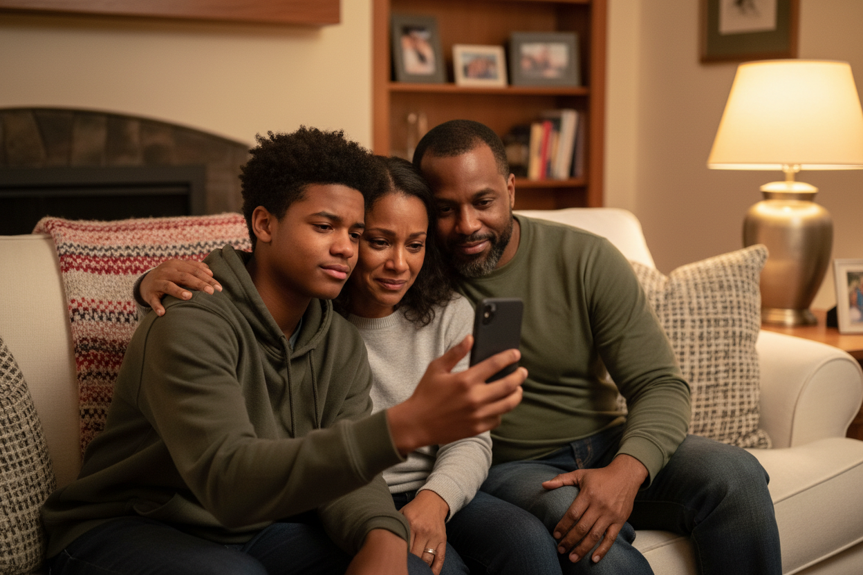 Teenage son playing a song for his African American parents